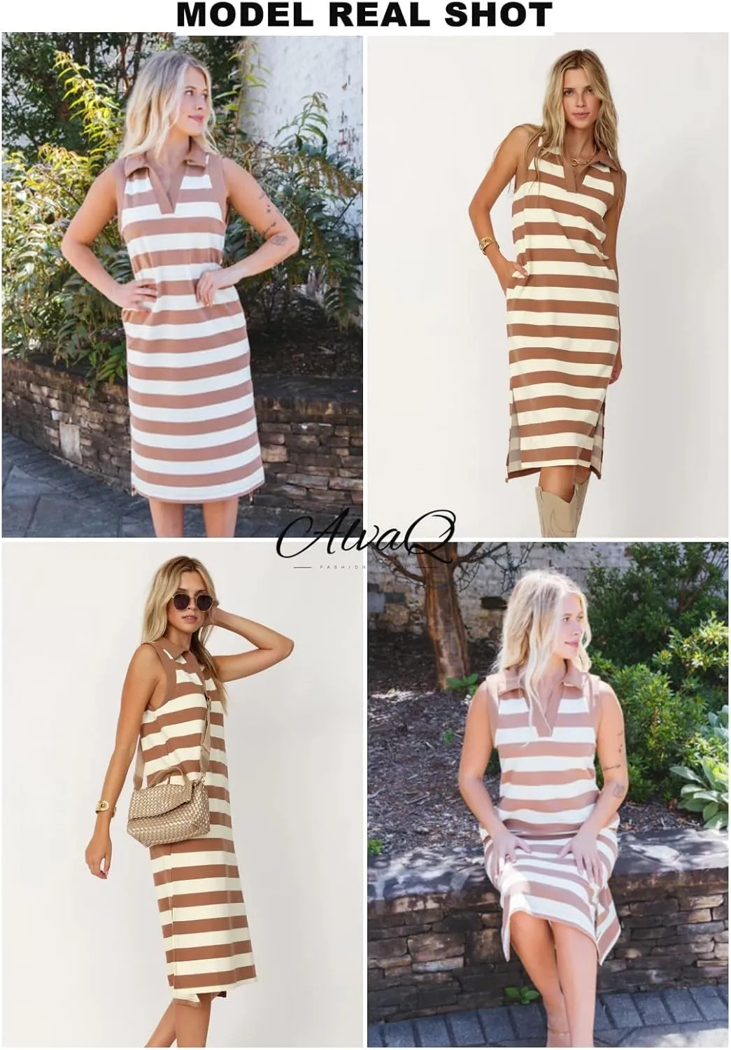 AlvaQ Womens Summer Dresses 2025 V Neck Sleeveless Casual Spring Cute Beach Striped Split Maxi Sundress with Pockets