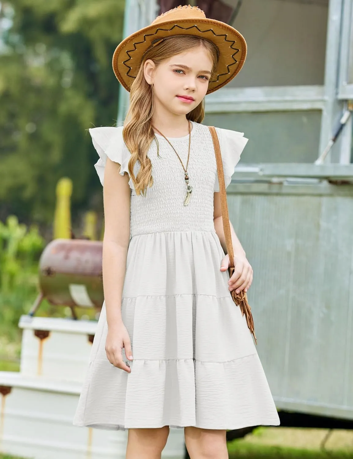 Arshiner Girls Dress Summer Ruffle Sleeve Smocked Tiered Casual Party Sundress with Pockets