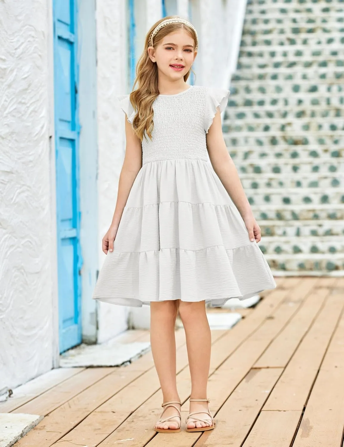 Arshiner Girls Dress Summer Ruffle Sleeve Smocked Tiered Casual Party Sundress with Pockets