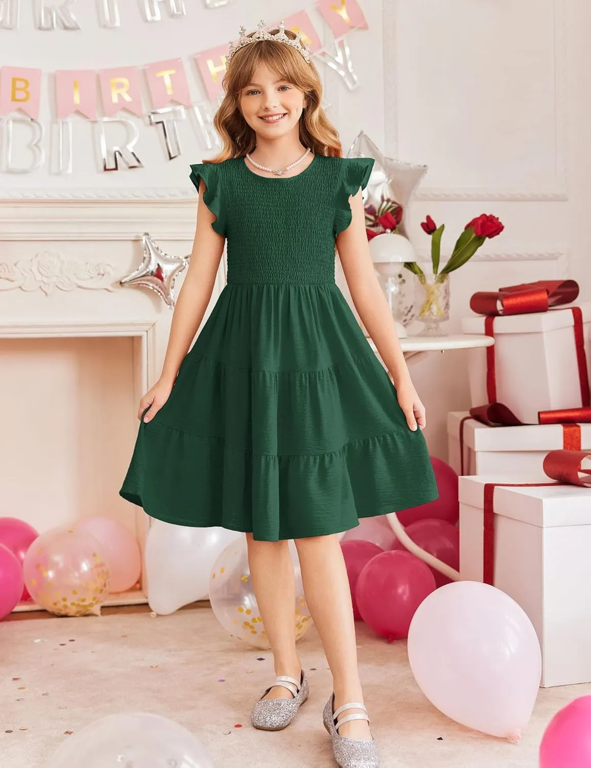 Arshiner Girls Dress Summer Ruffle Sleeve Smocked Tiered Casual Party Sundress with Pockets