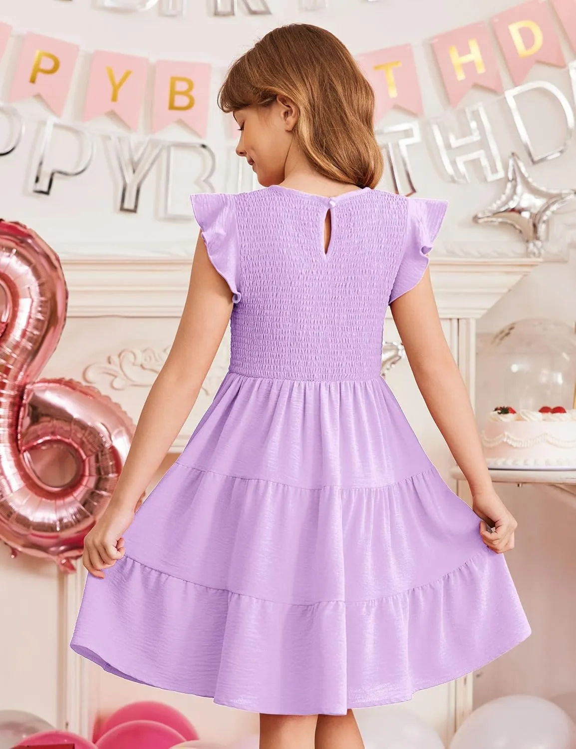 Arshiner Girls Dress Summer Ruffle Sleeve Smocked Tiered Casual Party Sundress with Pockets
