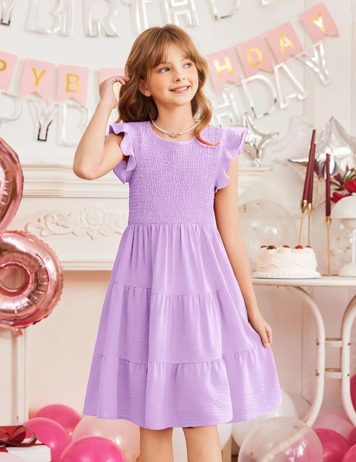 Arshiner Girls Dress Summer Ruffle Sleeve Smocked Tiered Casual Party Sundress with Pockets