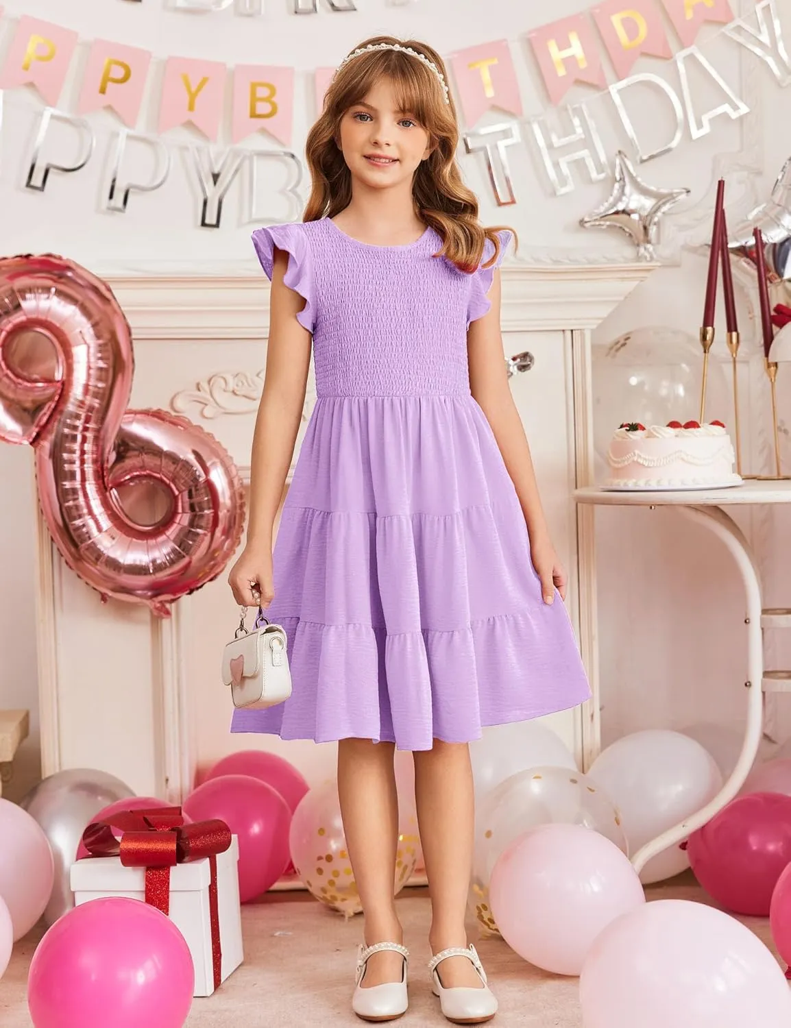 Arshiner Girls Dress Summer Ruffle Sleeve Smocked Tiered Casual Party Sundress with Pockets