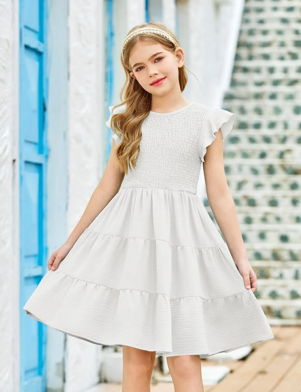 Arshiner Girls Dress Summer Ruffle Sleeve Smocked Tiered Casual Party Sundress with Pockets
