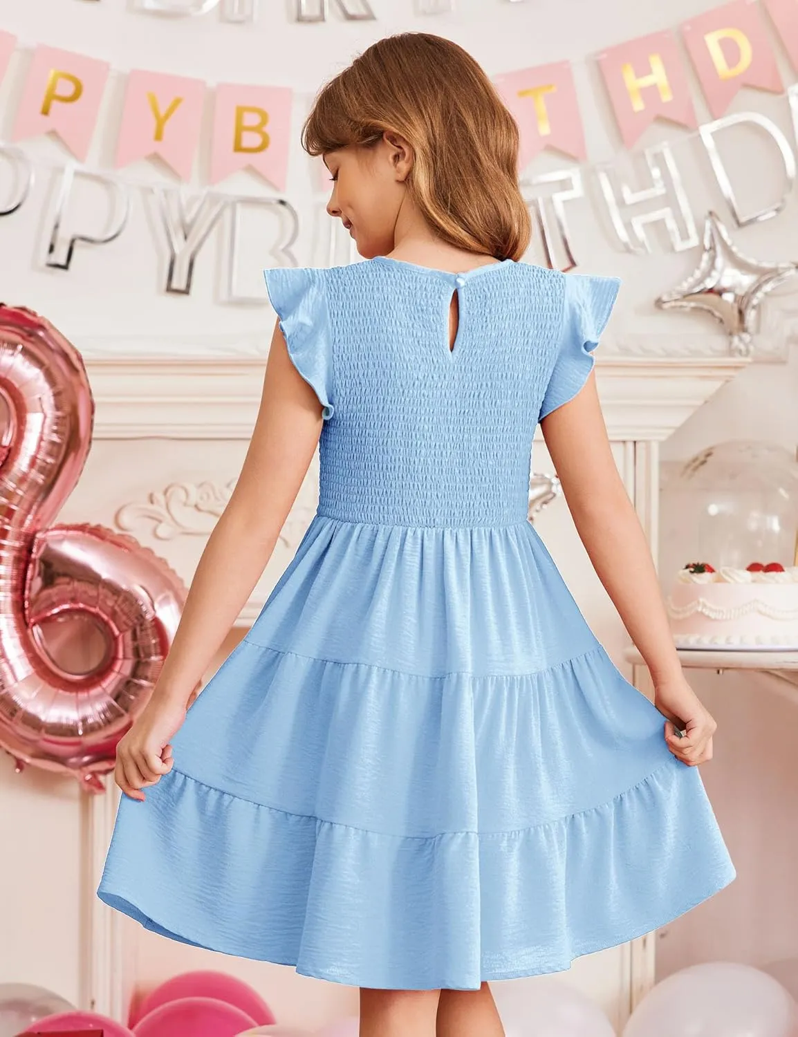 Arshiner Girls Dress Summer Ruffle Sleeve Smocked Tiered Casual Party Sundress with Pockets