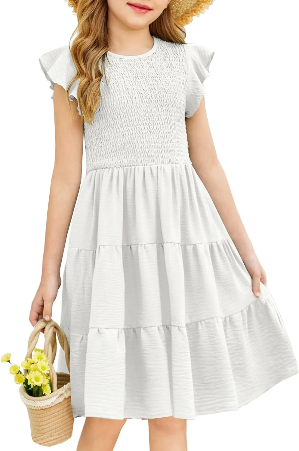 Arshiner Girls Dress Summer Ruffle Sleeve Smocked Tiered Casual Party Sundress with Pockets