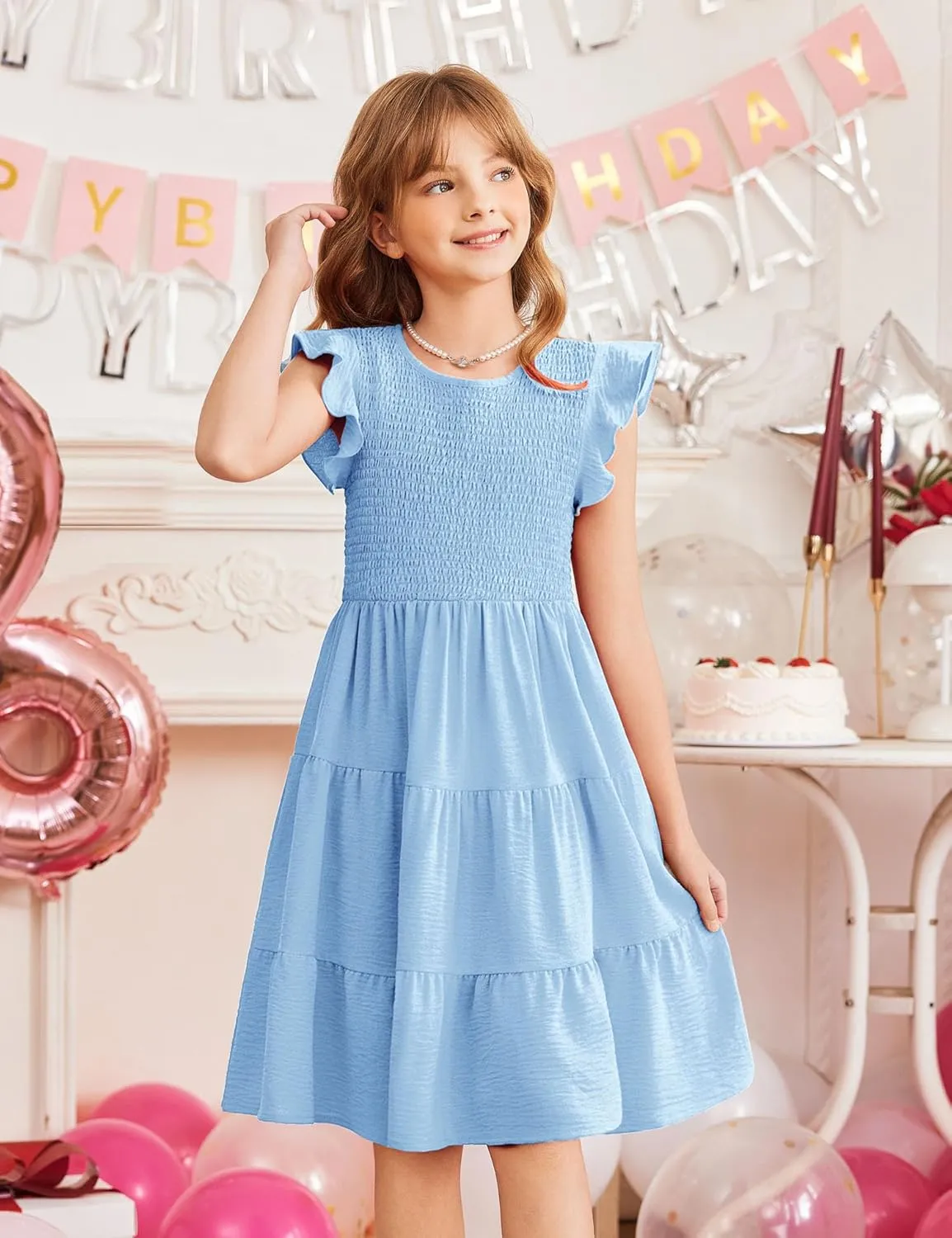 Arshiner Girls Dress Summer Ruffle Sleeve Smocked Tiered Casual Party Sundress with Pockets