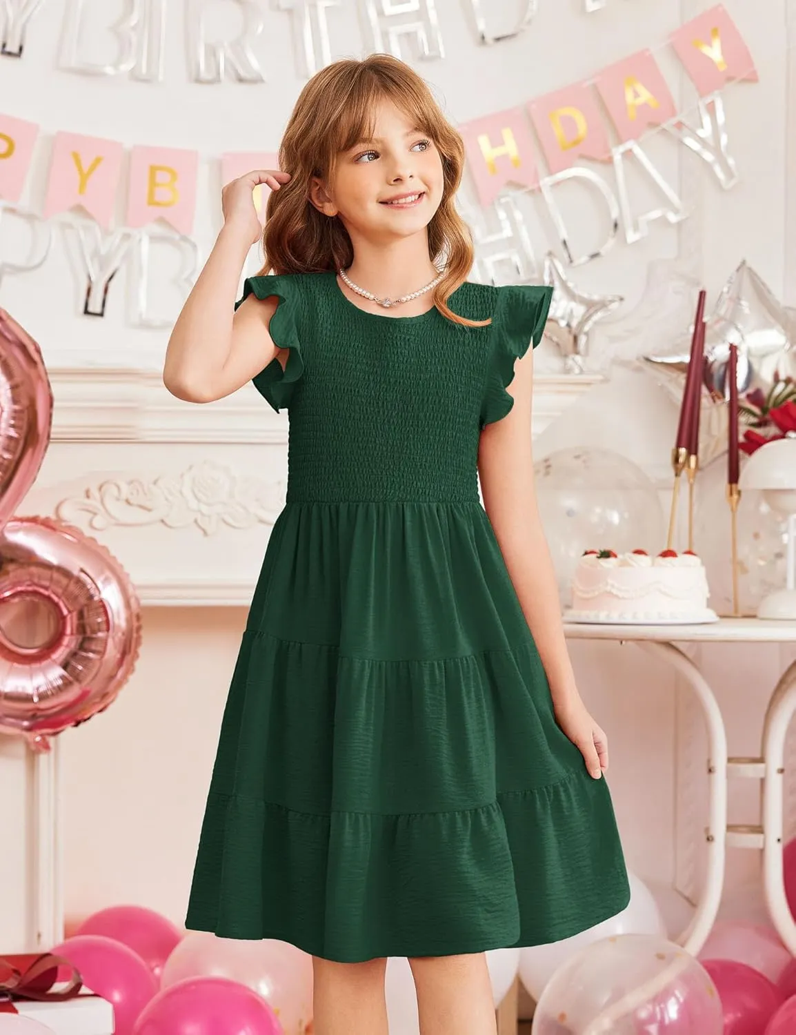 Arshiner Girls Dress Summer Ruffle Sleeve Smocked Tiered Casual Party Sundress with Pockets