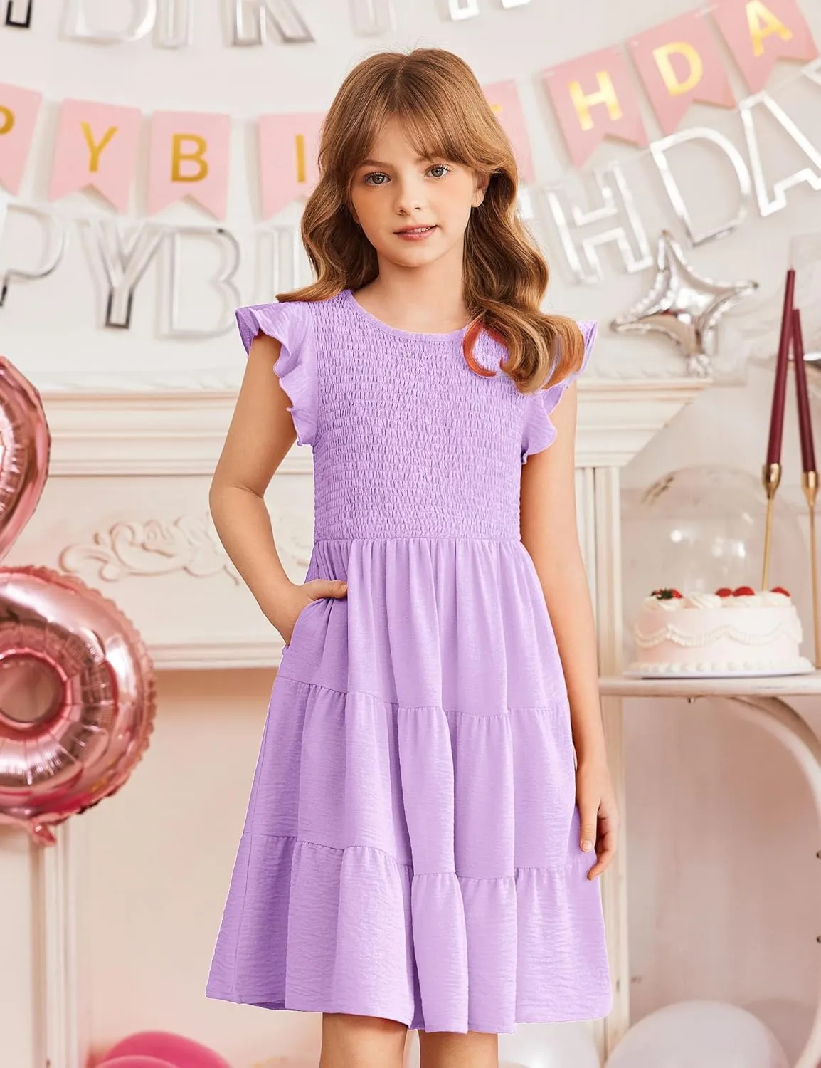 Arshiner Girls Dress Summer Ruffle Sleeve Smocked Tiered Casual Party Sundress with Pockets