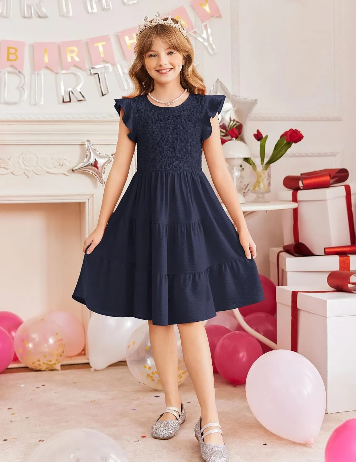 Arshiner Girls Dress Summer Ruffle Sleeve Smocked Tiered Casual Party Sundress with Pockets
