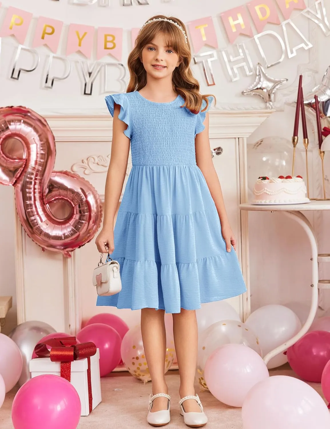 Arshiner Girls Dress Summer Ruffle Sleeve Smocked Tiered Casual Party Sundress with Pockets