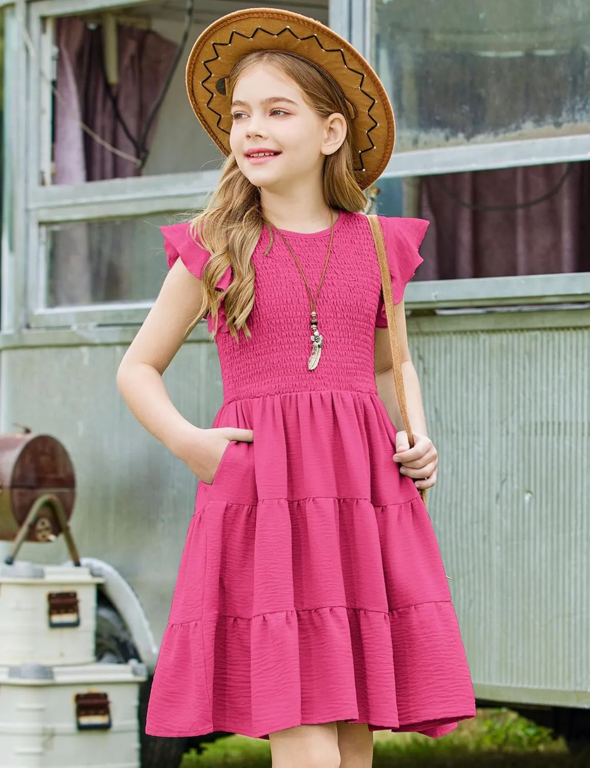 Arshiner Girls Dress Summer Ruffle Sleeve Smocked Tiered Casual Party Sundress with Pockets