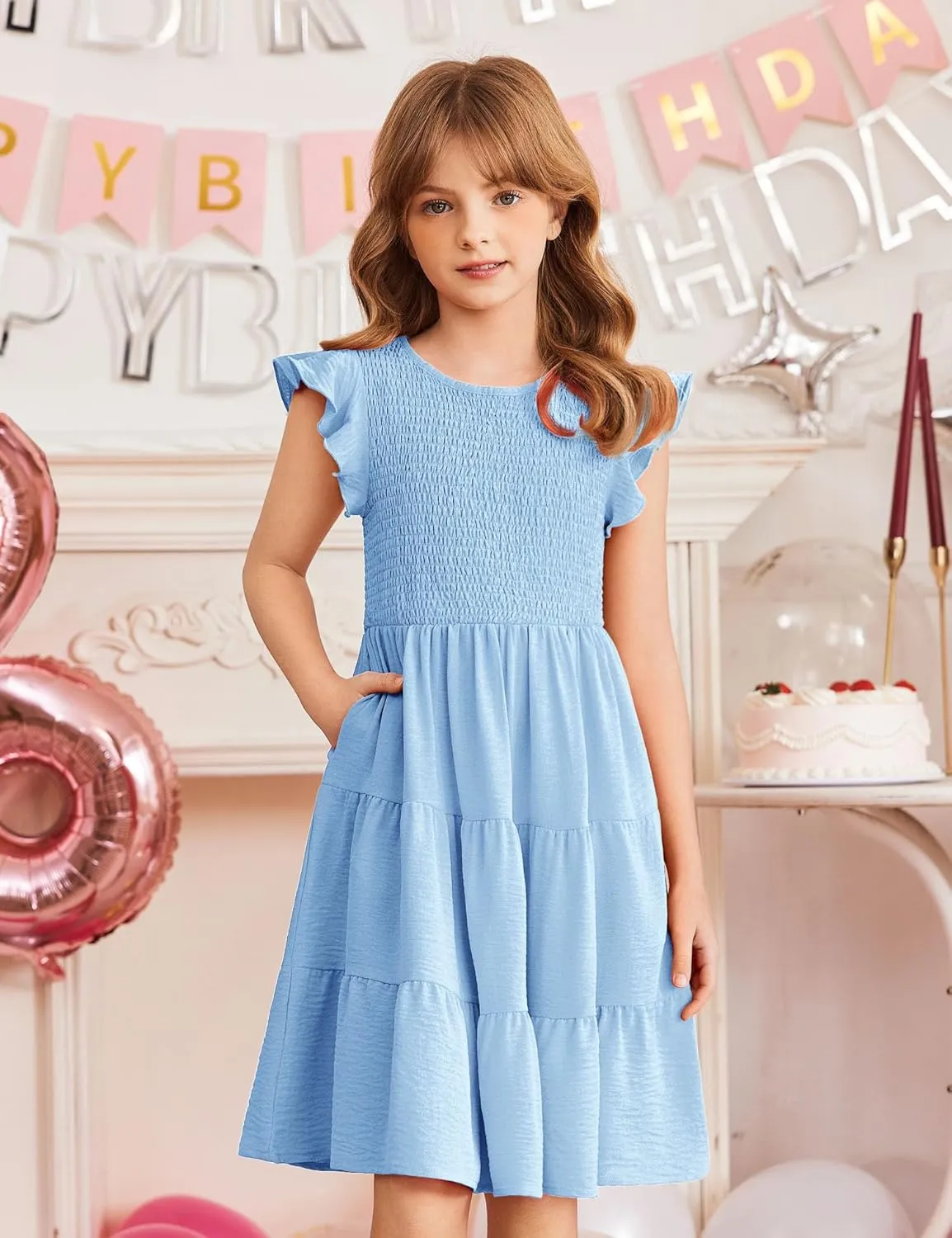 Arshiner Girls Dress Summer Ruffle Sleeve Smocked Tiered Casual Party Sundress with Pockets