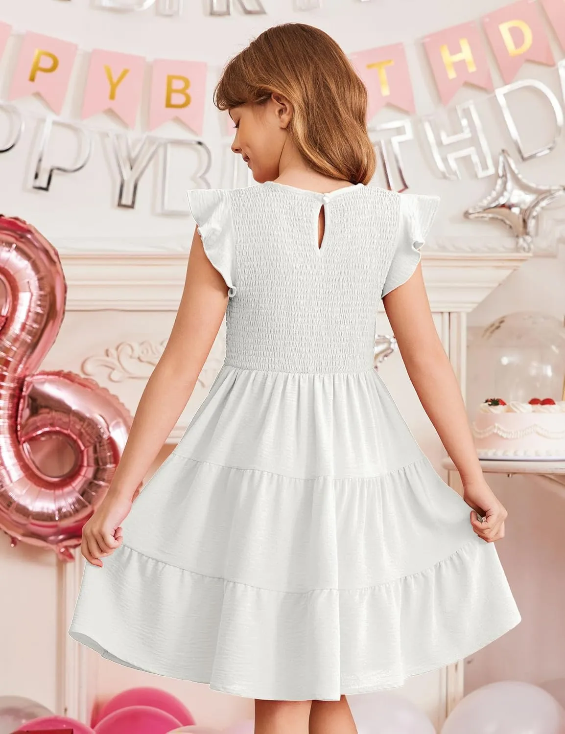 Arshiner Girls Dress Summer Ruffle Sleeve Smocked Tiered Casual Party Sundress with Pockets