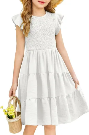 Arshiner Girls Dress Summer Ruffle Sleeve Smocked Tiered Casual Party Sundress with Pockets