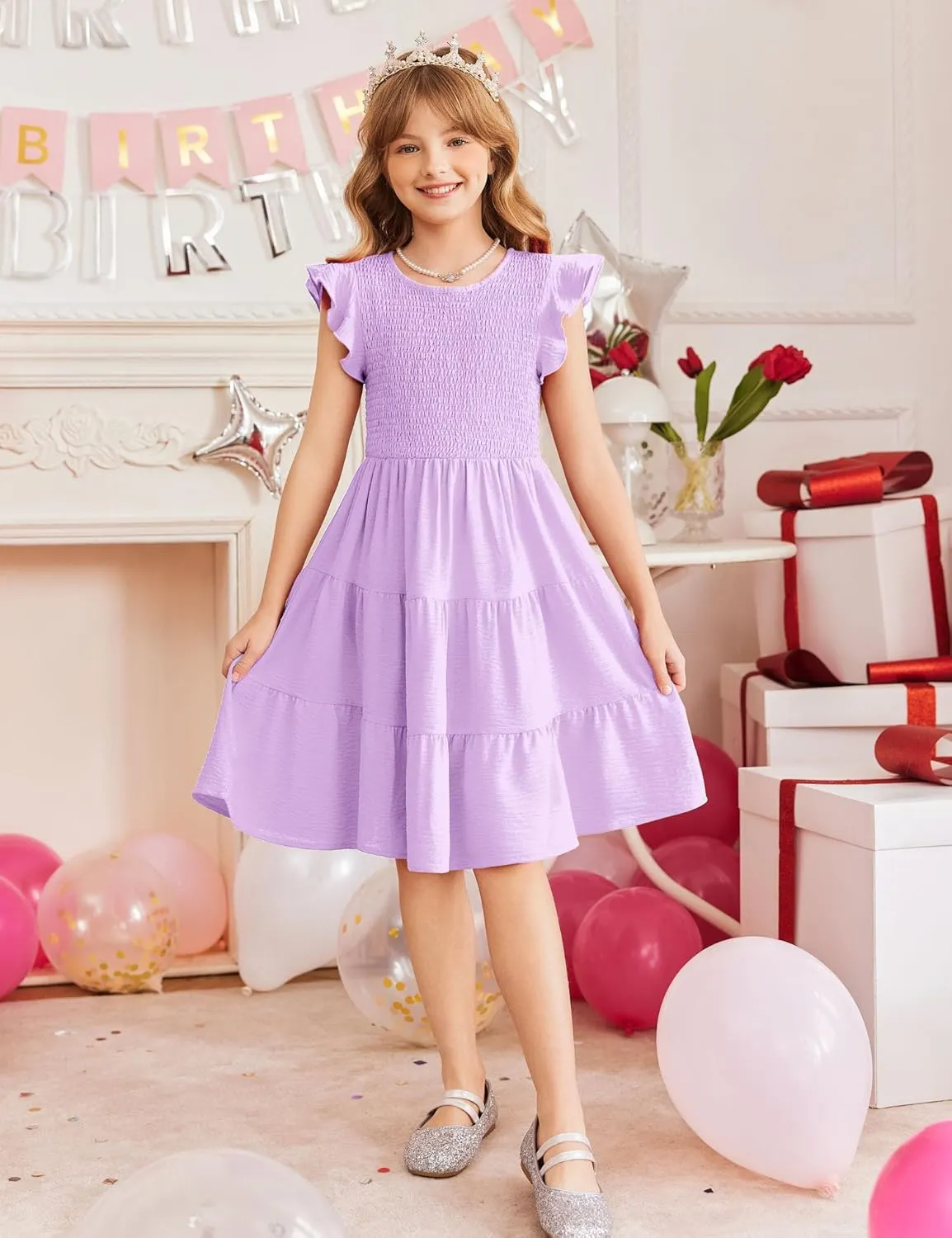 Arshiner Girls Dress Summer Ruffle Sleeve Smocked Tiered Casual Party Sundress with Pockets