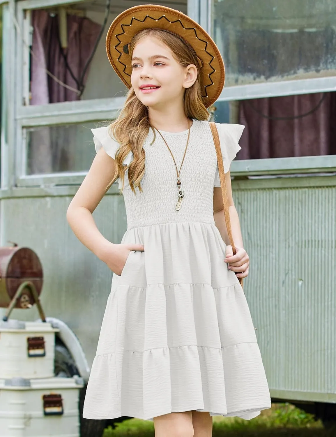 Arshiner Girls Dress Summer Ruffle Sleeve Smocked Tiered Casual Party Sundress with Pockets