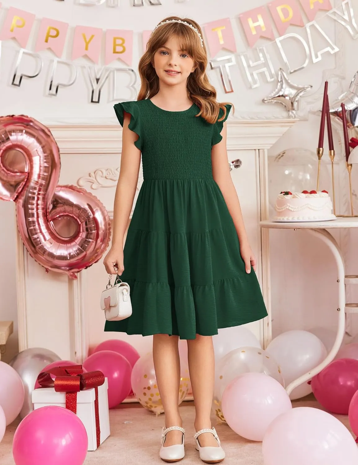 Arshiner Girls Dress Summer Ruffle Sleeve Smocked Tiered Casual Party Sundress with Pockets