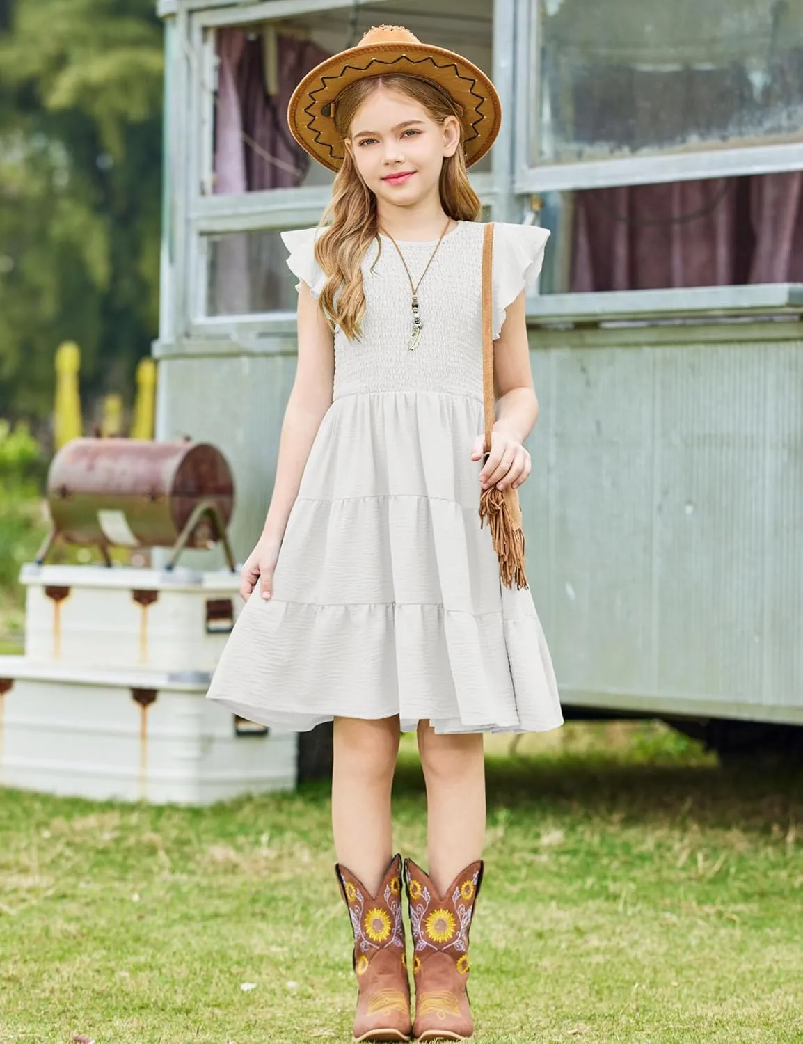 Arshiner Girls Dress Summer Ruffle Sleeve Smocked Tiered Casual Party Sundress with Pockets