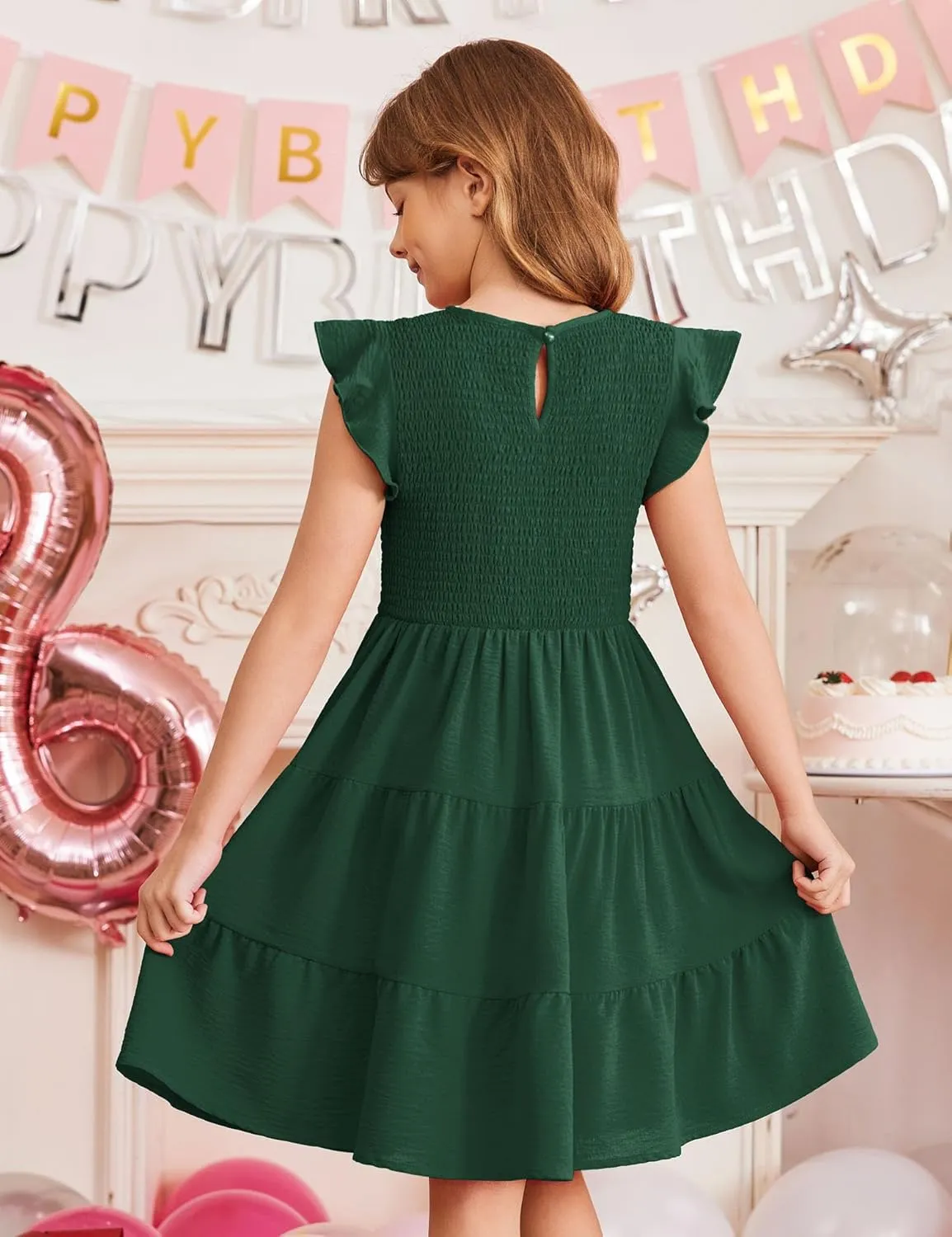 Arshiner Girls Dress Summer Ruffle Sleeve Smocked Tiered Casual Party Sundress with Pockets