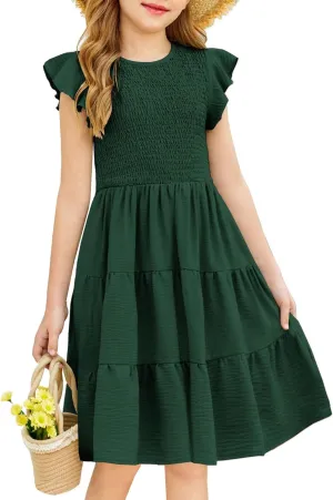 Arshiner Girls Dress Summer Ruffle Sleeve Smocked Tiered Casual Party Sundress with Pockets
