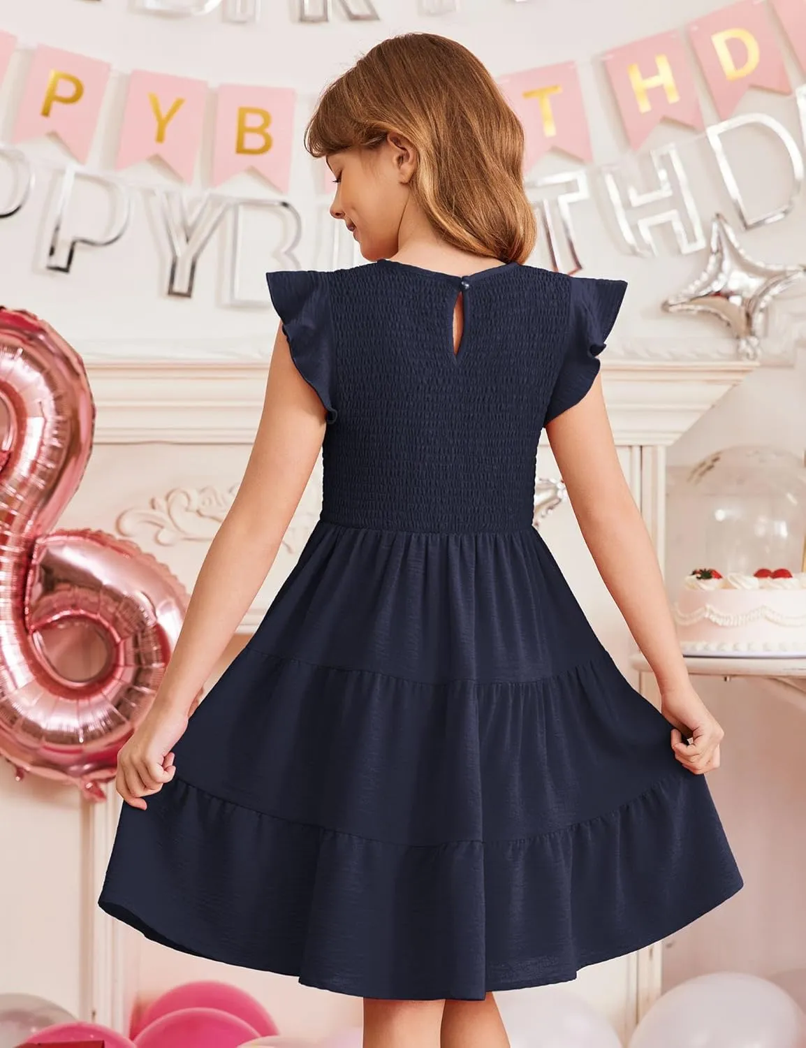 Arshiner Girls Dress Summer Ruffle Sleeve Smocked Tiered Casual Party Sundress with Pockets