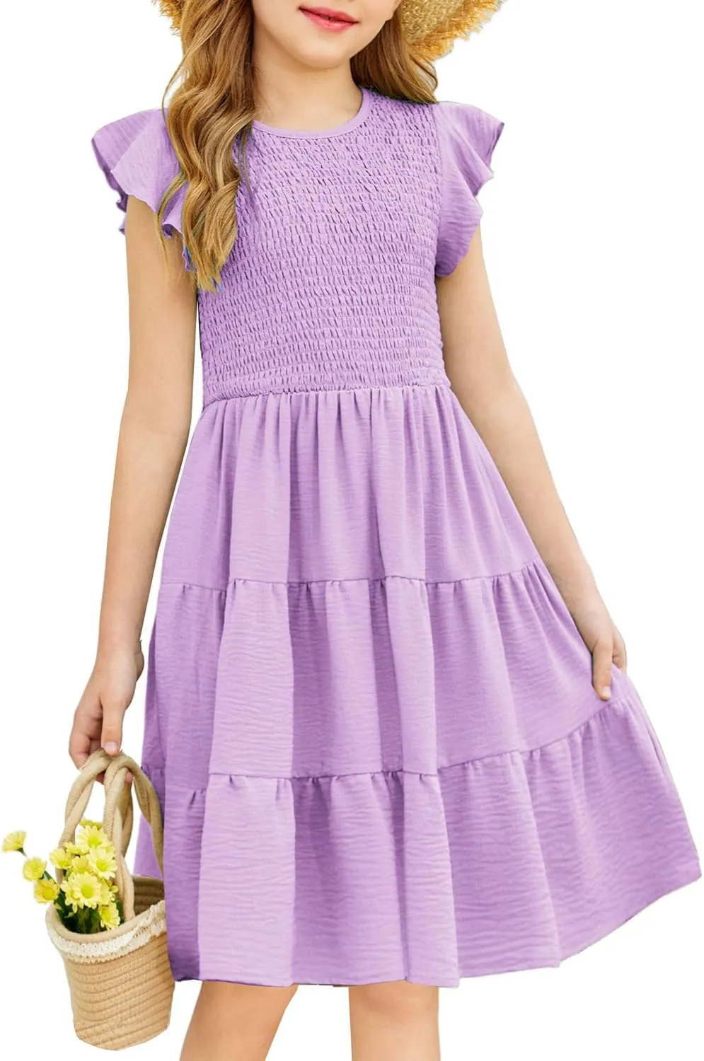 Arshiner Girls Dress Summer Ruffle Sleeve Smocked Tiered Casual Party Sundress with Pockets