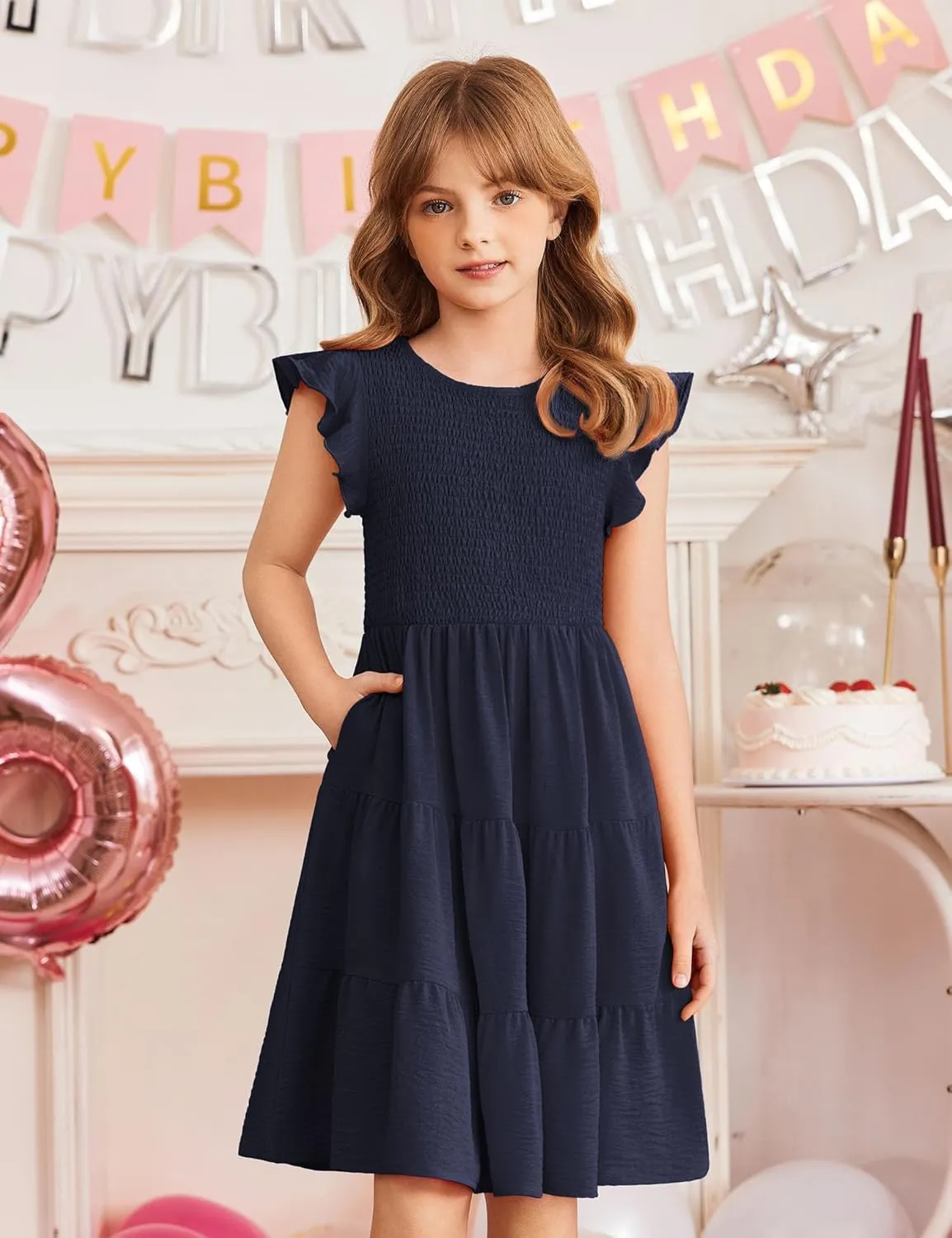 Arshiner Girls Dress Summer Ruffle Sleeve Smocked Tiered Casual Party Sundress with Pockets