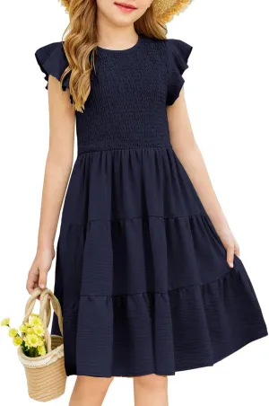 Arshiner Girls Dress Summer Ruffle Sleeve Smocked Tiered Casual Party Sundress with Pockets