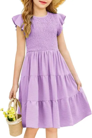 Arshiner Girls Dress Summer Ruffle Sleeve Smocked Tiered Casual Party Sundress with Pockets