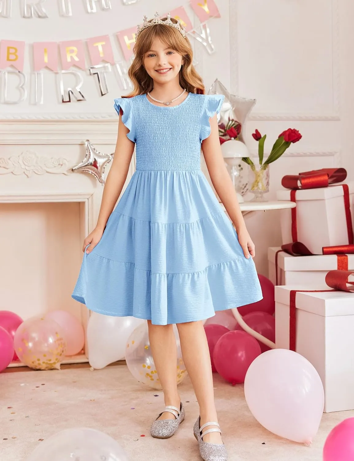 Arshiner Girls Dress Summer Ruffle Sleeve Smocked Tiered Casual Party Sundress with Pockets