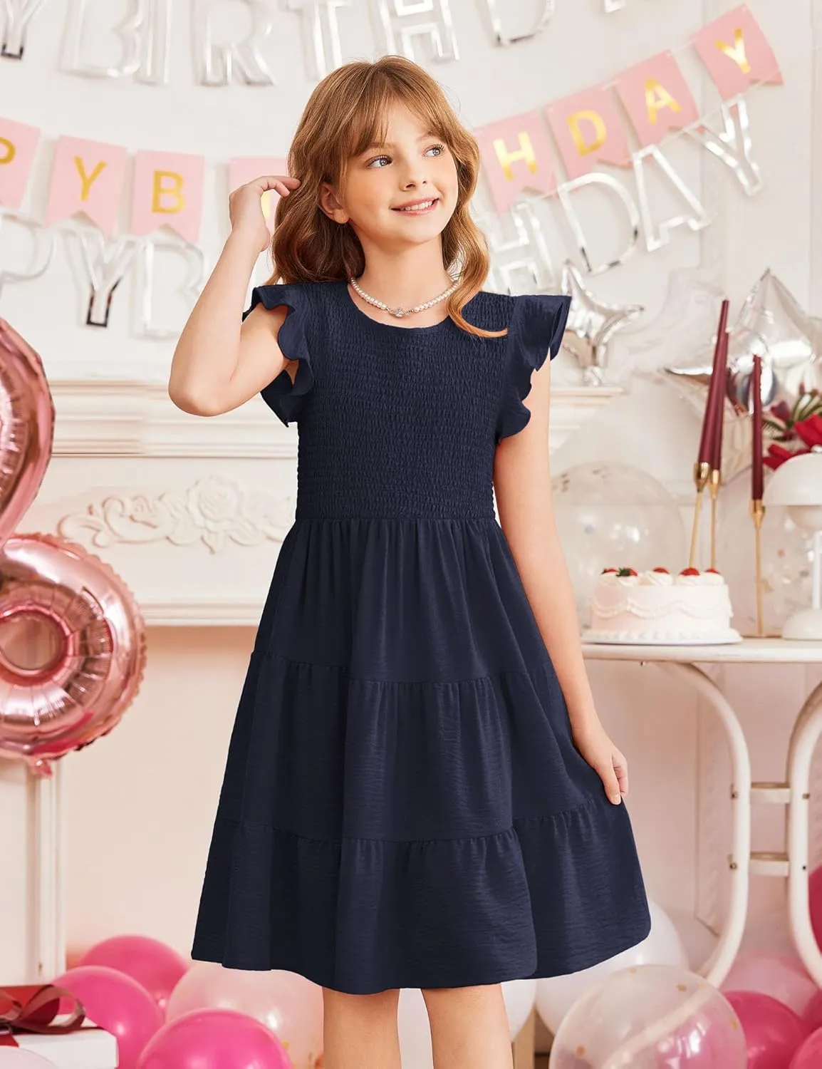Arshiner Girls Dress Summer Ruffle Sleeve Smocked Tiered Casual Party Sundress with Pockets