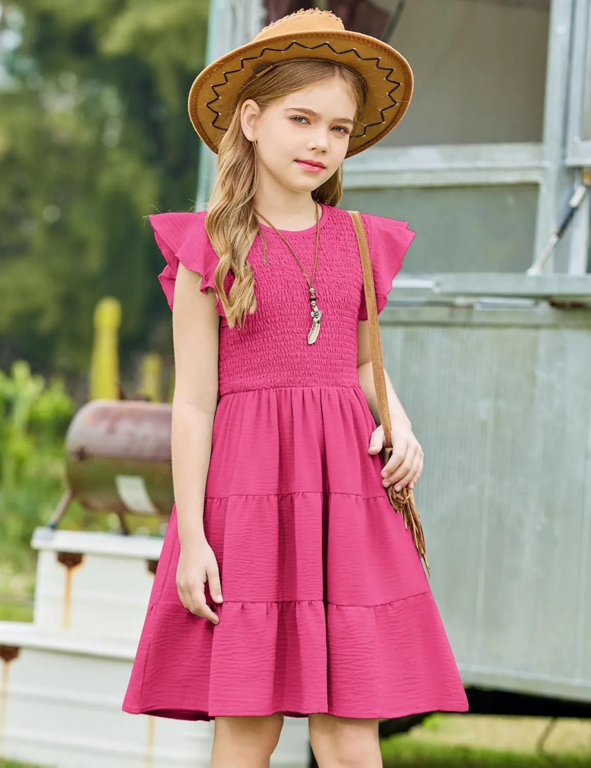 Arshiner Girls Dress Summer Ruffle Sleeve Smocked Tiered Casual Party Sundress with Pockets