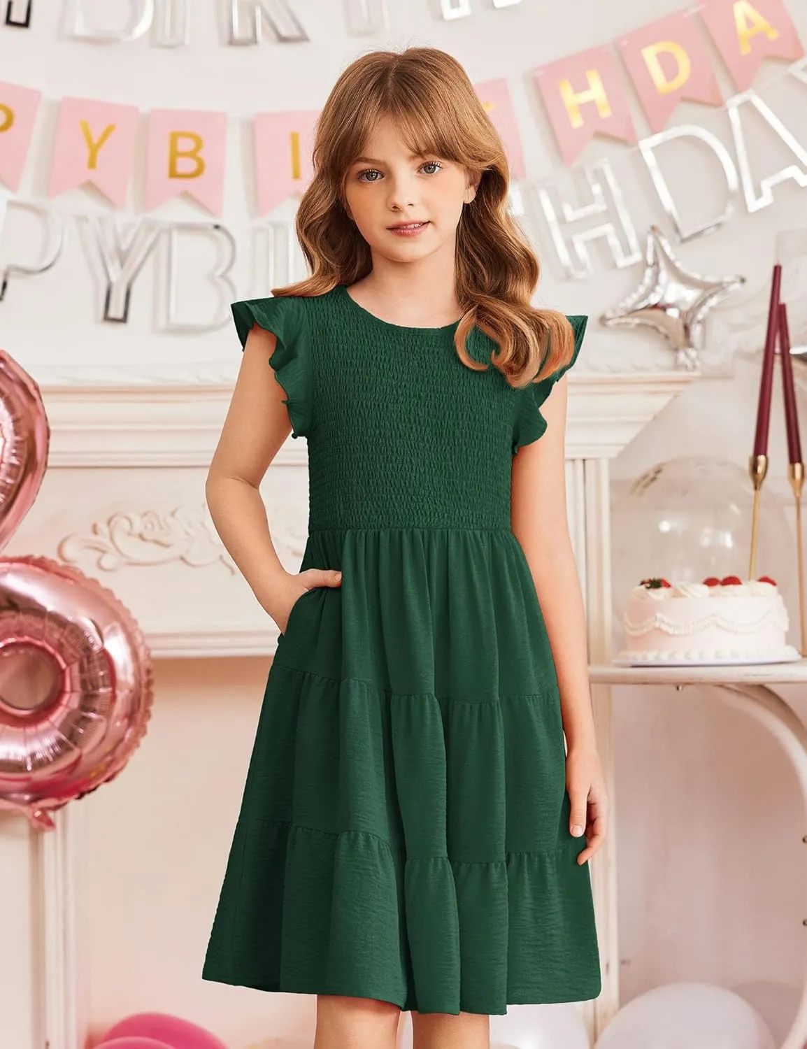 Arshiner Girls Dress Summer Ruffle Sleeve Smocked Tiered Casual Party Sundress with Pockets