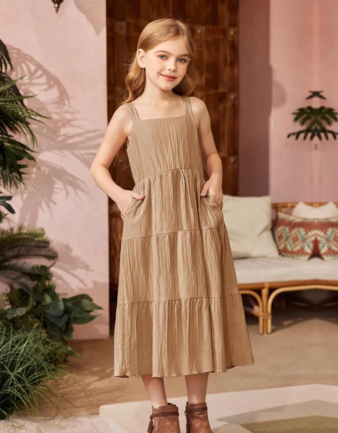 Arshiner Girl's Sundresses Summer Boho Strap Tiered Cami Maxi Dresses with Pockets