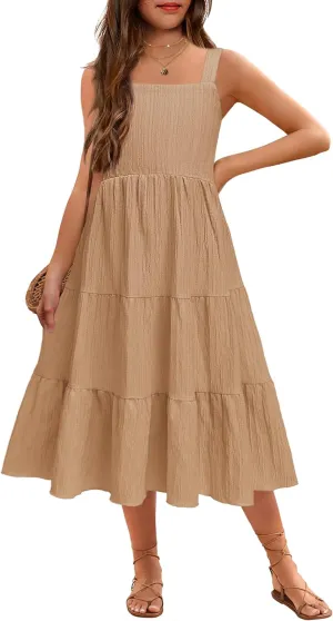Arshiner Girl's Sundresses Summer Boho Strap Tiered Cami Maxi Dresses with Pockets