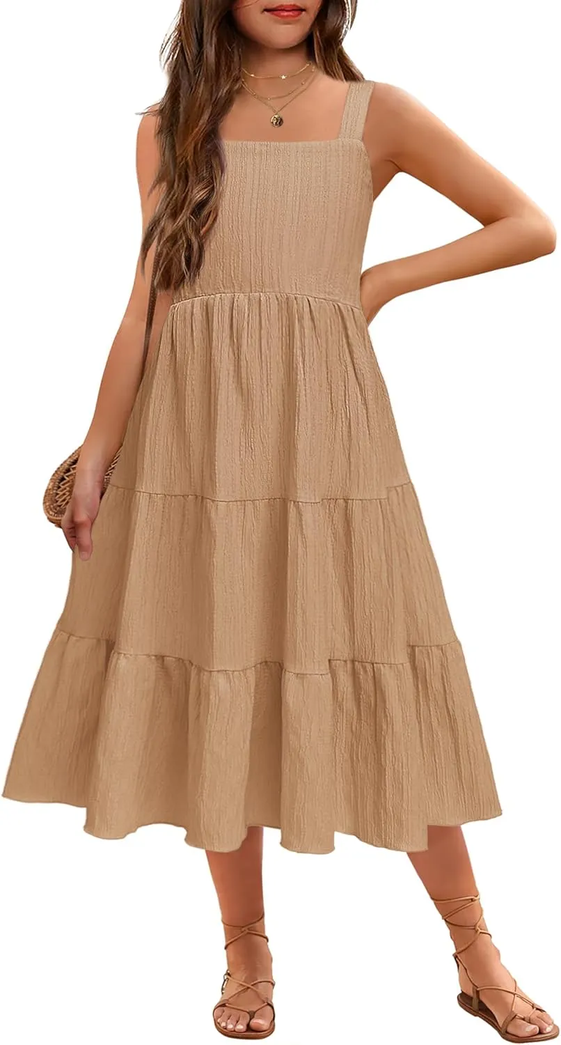 Arshiner Girl's Sundresses Summer Boho Strap Tiered Cami Maxi Dresses with Pockets