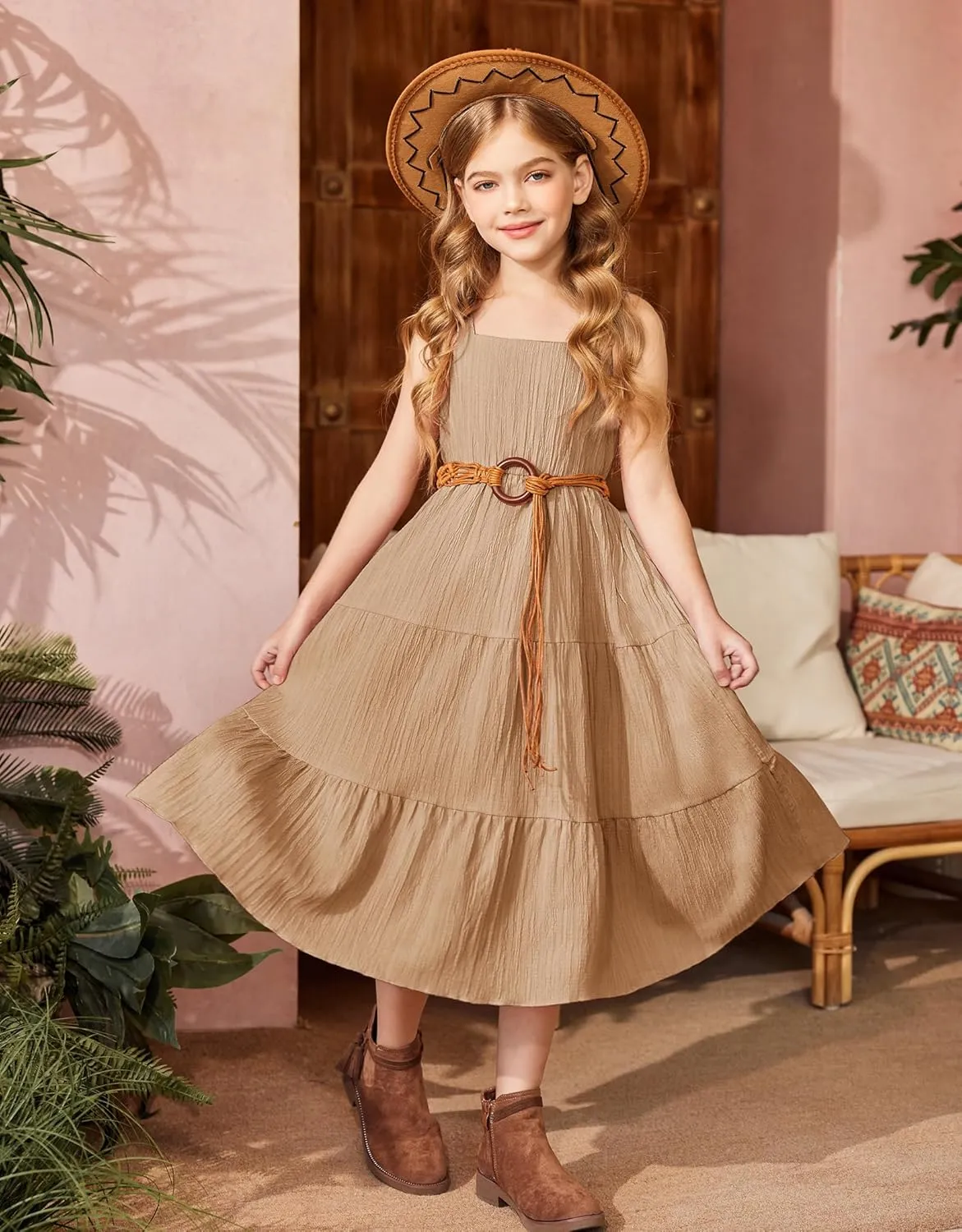 Arshiner Girl's Sundresses Summer Boho Strap Tiered Cami Maxi Dresses with Pockets