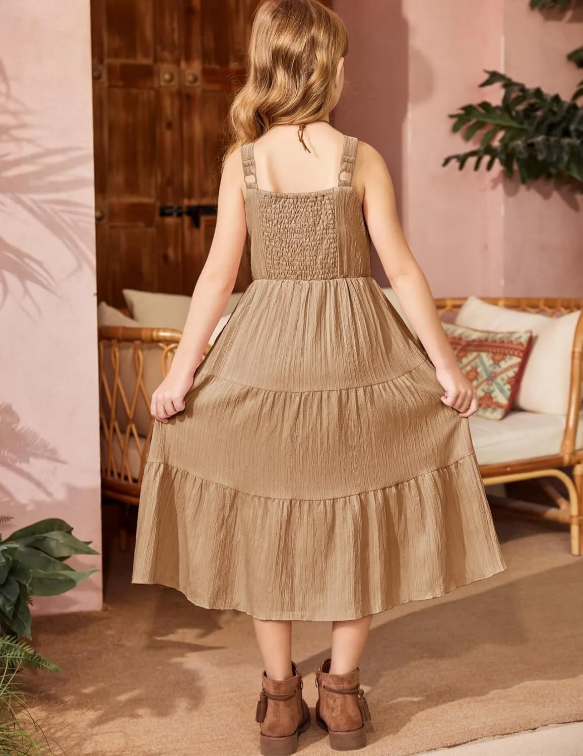 Arshiner Girl's Sundresses Summer Boho Strap Tiered Cami Maxi Dresses with Pockets