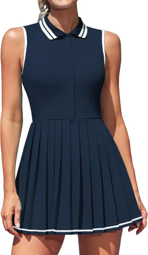 ATTRACO Women Tennis Dresses Ribbed Polo Golf Dress Half Zip Pleated Workout Dress with Built in Shorts and Bra