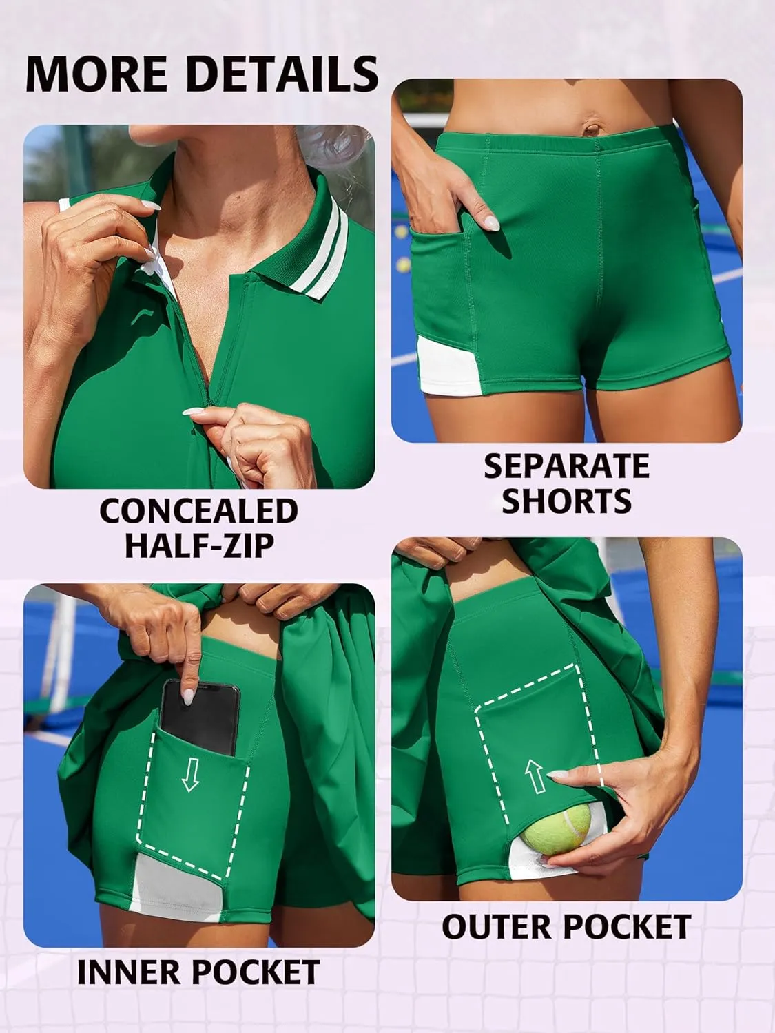 ATTRACO Women Tennis Dresses Ribbed Polo Golf Dress Half Zip Pleated Workout Dress with Built in Shorts and Bra