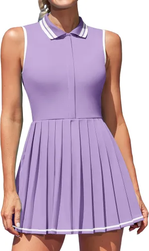 ATTRACO Women Tennis Dresses Ribbed Polo Golf Dress Half Zip Pleated Workout Dress with Built in Shorts and Bra