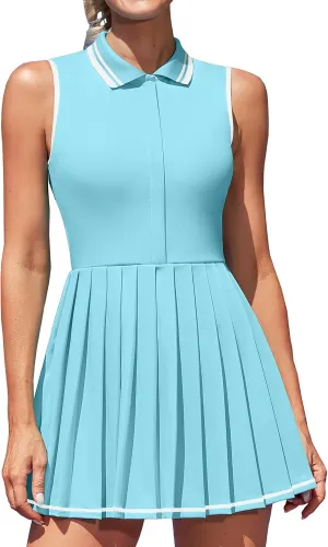 ATTRACO Women Tennis Dresses Ribbed Polo Golf Dress Half Zip Pleated Workout Dress with Built in Shorts and Bra