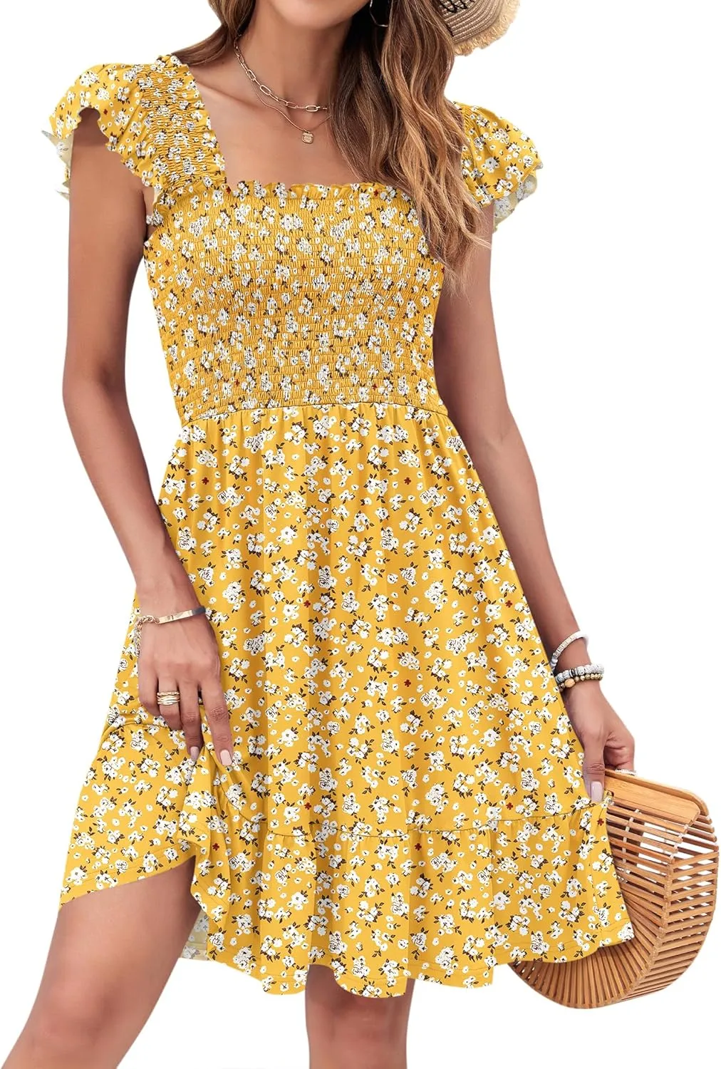 AUSELILY Women's Summer Dresses 2025 Casual Sleeveless Square Neck Smocked Ruffle Backless Short Flowy Beach Sundress