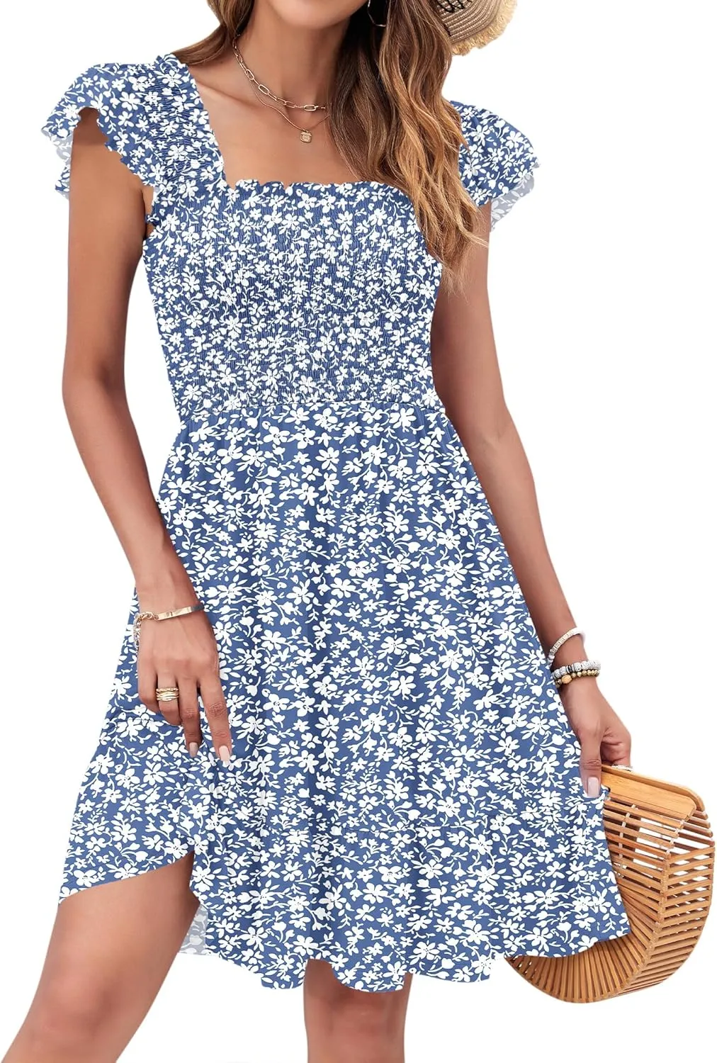 AUSELILY Women's Summer Dresses 2025 Casual Sleeveless Square Neck Smocked Ruffle Backless Short Flowy Beach Sundress