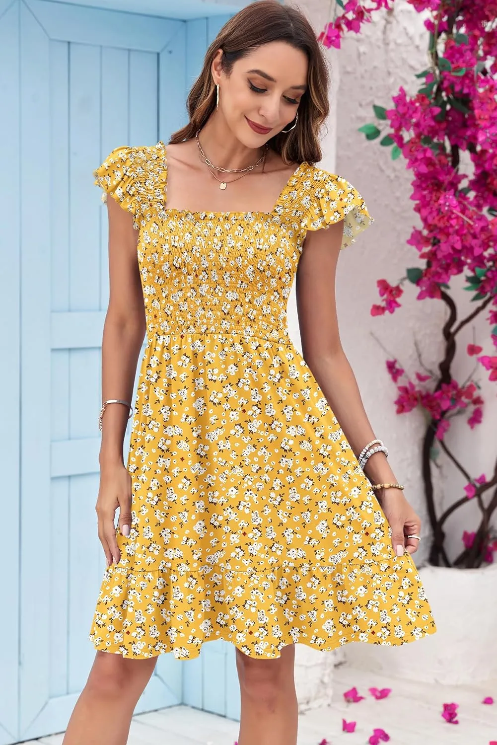 AUSELILY Women's Summer Dresses 2025 Casual Sleeveless Square Neck Smocked Ruffle Backless Short Flowy Beach Sundress