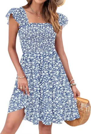 AUSELILY Women's Summer Dresses 2025 Casual Sleeveless Square Neck Smocked Ruffle Backless Short Flowy Beach Sundress