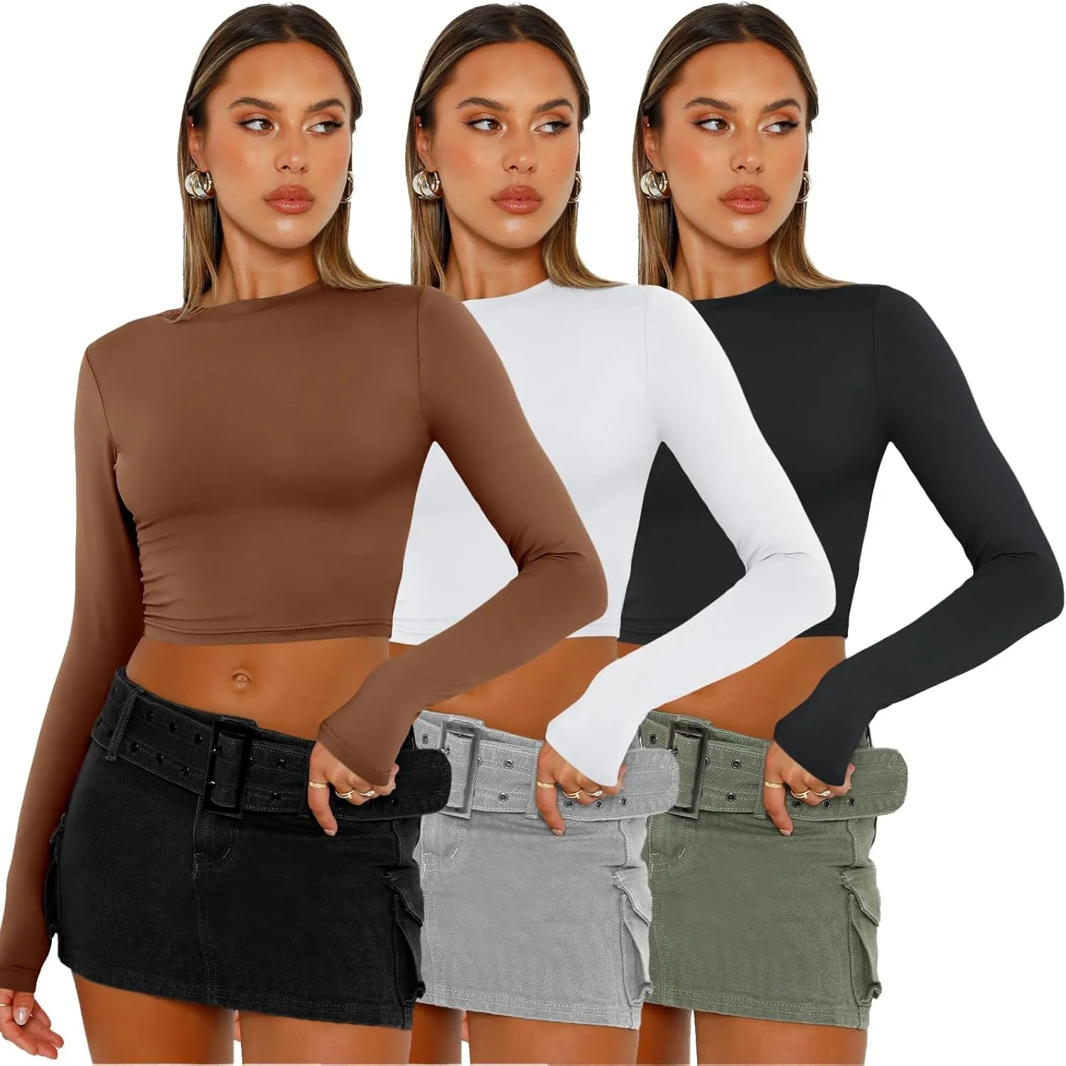 AUTOMET 3 Pack Womens Long Sleeve Shirts Y2K Going Out Crop Tops Cute Basic Slim Fitted Fall Fashion Outfits 2025 Clothes