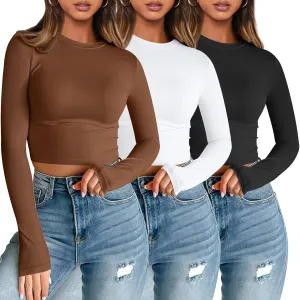 AUTOMET 3 Pack Womens Long Sleeve Shirts Y2K Going Out Crop Tops Cute Basic Slim Fitted Fall Fashion Outfits 2025 Clothes