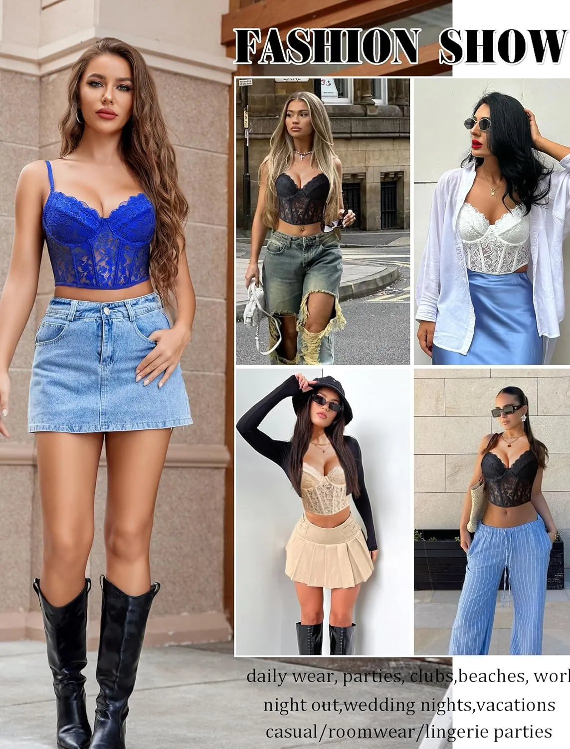 Avidlove Lace Bralette for Women V Neck Bustier Corset Tops with Underwired Racerback Adjustable Strap Crop Top
